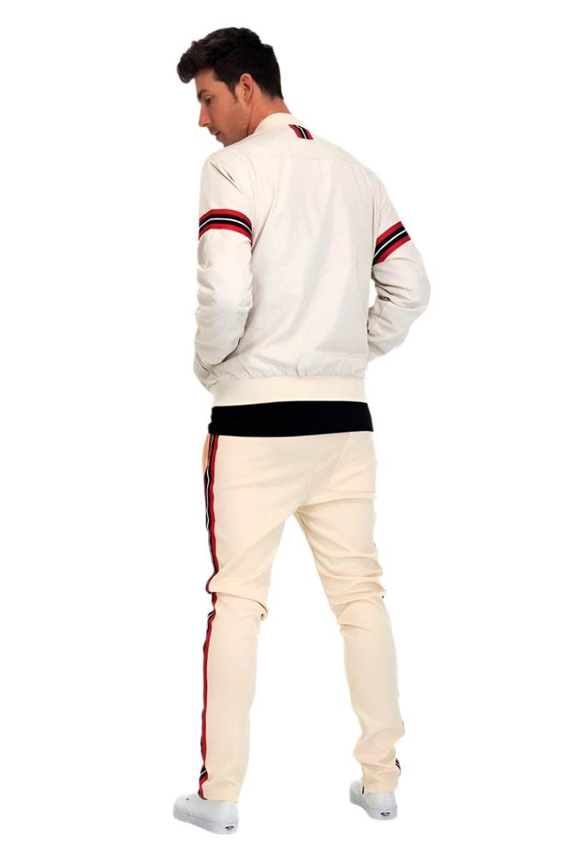 Men's WEIV beige track set featuring a stylish jacket and pants with sporty stripes