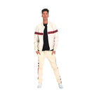 Stylish mens beige track set with striped bomber jacket and jogger pants for casual wear