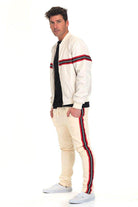 Men's beige track set by WEIV featuring a stylish bomber jacket and matching pants with stripes