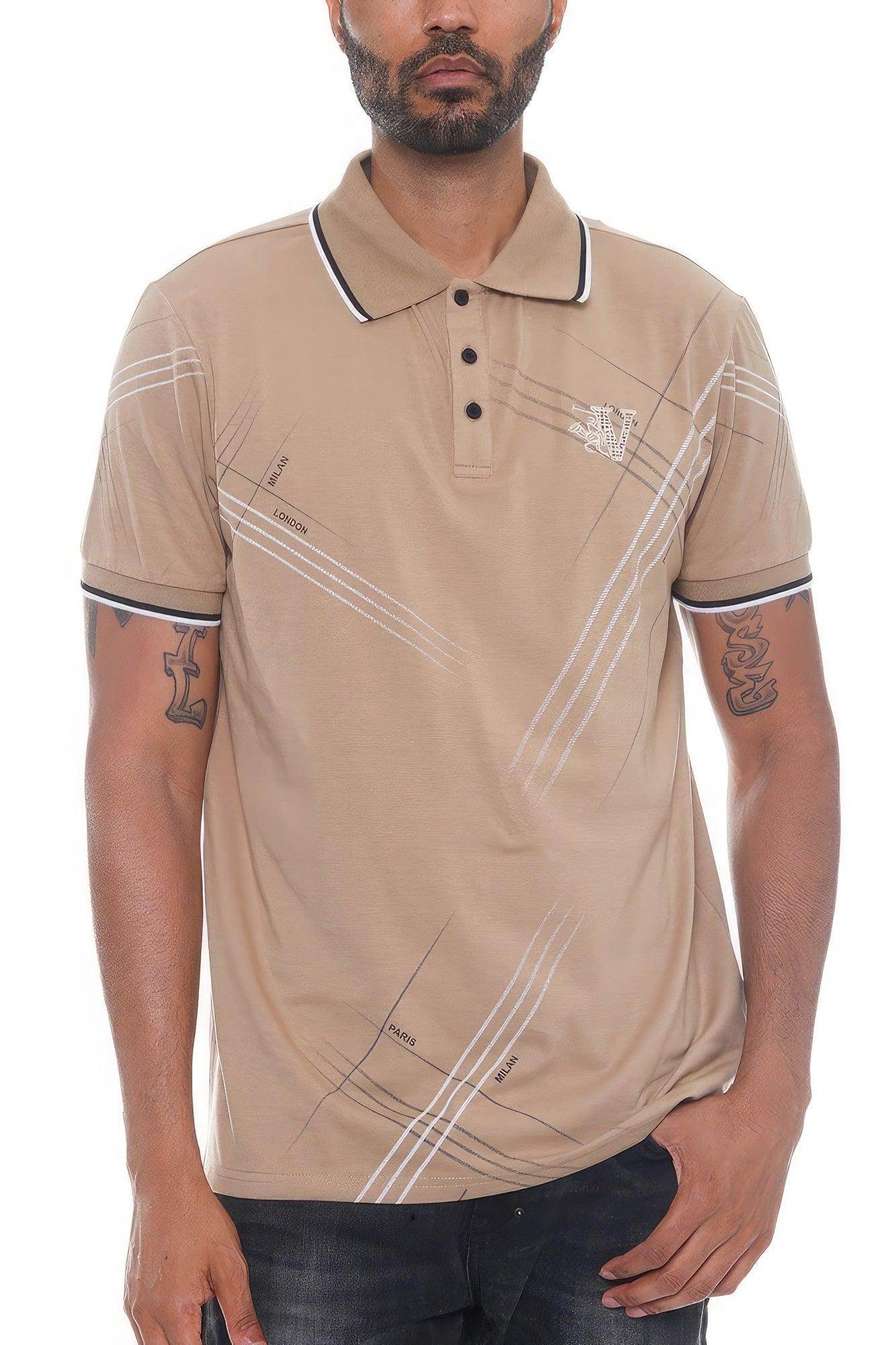 Mens Beige Version Couture Polo Button Down Shirt - VacationGrabs
