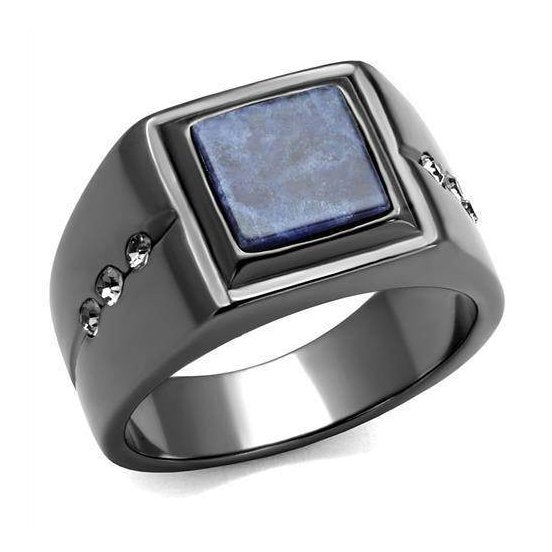 Men's black stainless steel ring featuring a blue stone center and sparkling accents