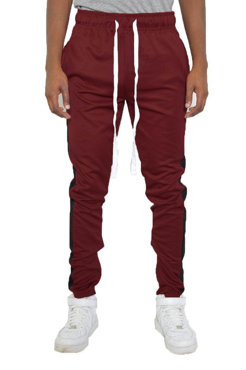 Mens Burgundy Black Track Pants with Elastic Waistband and Side Stripes for Comfortable Wear