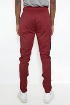 Mens Burgundy Black Track Pants with Elastic Waist and Slim Fit Design