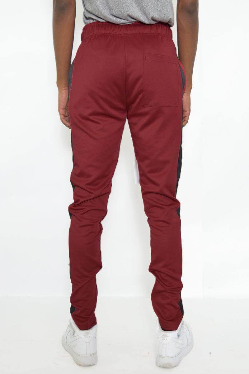 Mens Burgundy Black Track Pants with Elastic Waist and Slim Fit Design