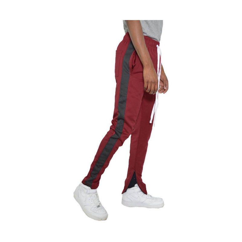 Mens burgundy black track pants with contrast side panels and drawstring waist for comfort and style
