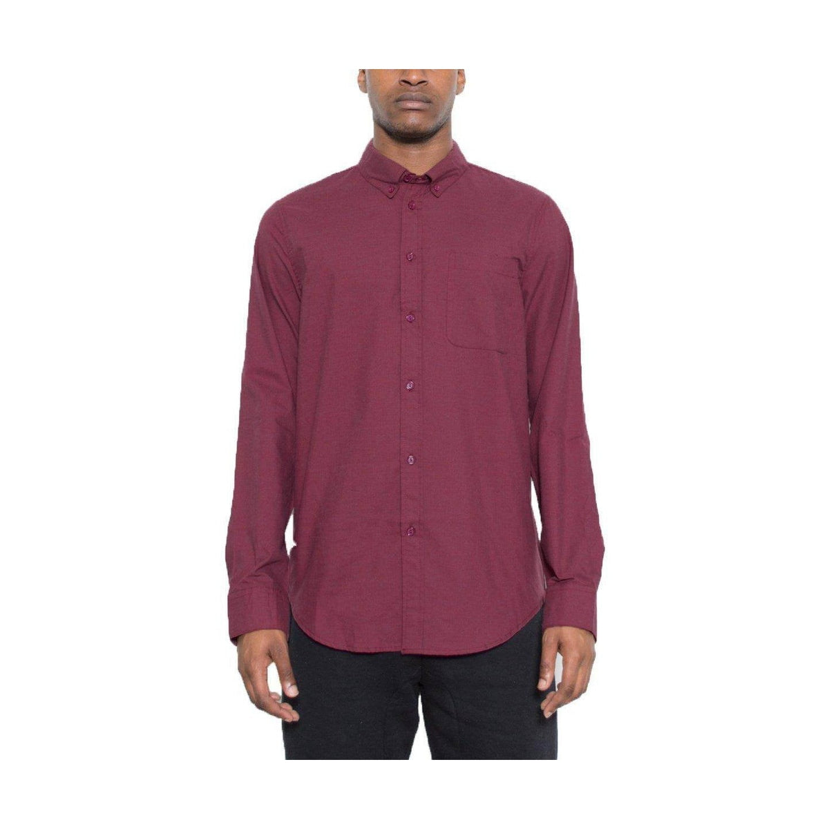 Mens Burgundy Long Sleeve Shirt by VacationGrabs with a classic fit and single chest pocket