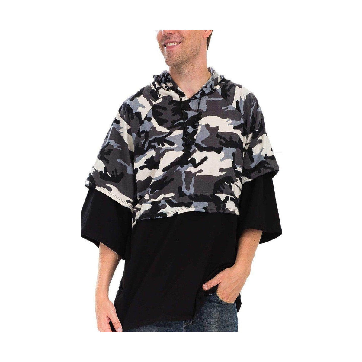 Mens camo pullover shirt with short sleeves and hoodie style perfect for casual wear