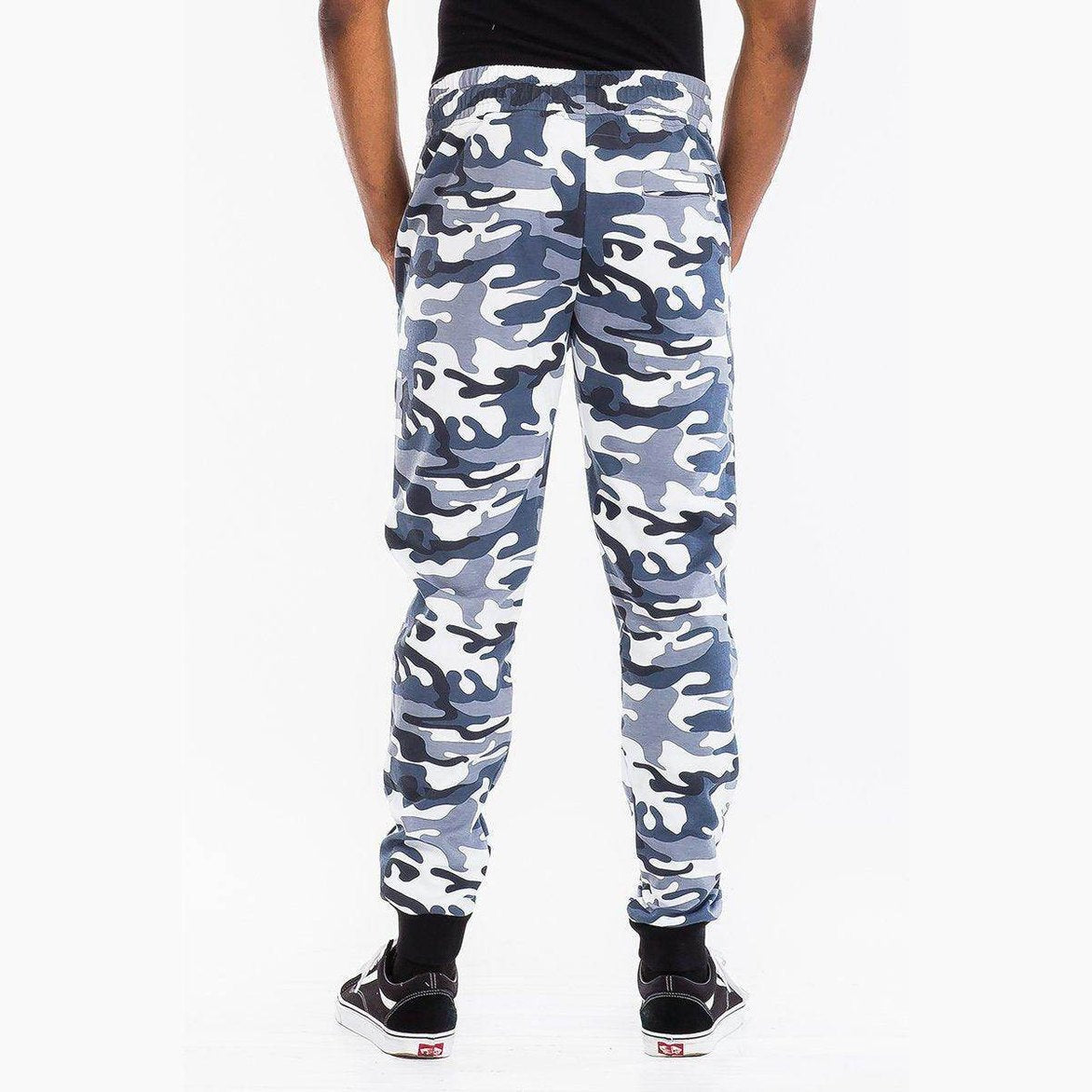 Men's camo sweatpants in navy and gray with elastic waistband and tapered legs