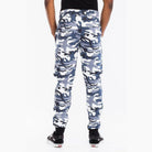 Men's camo sweatpants in navy and gray with elastic waistband and tapered legs
