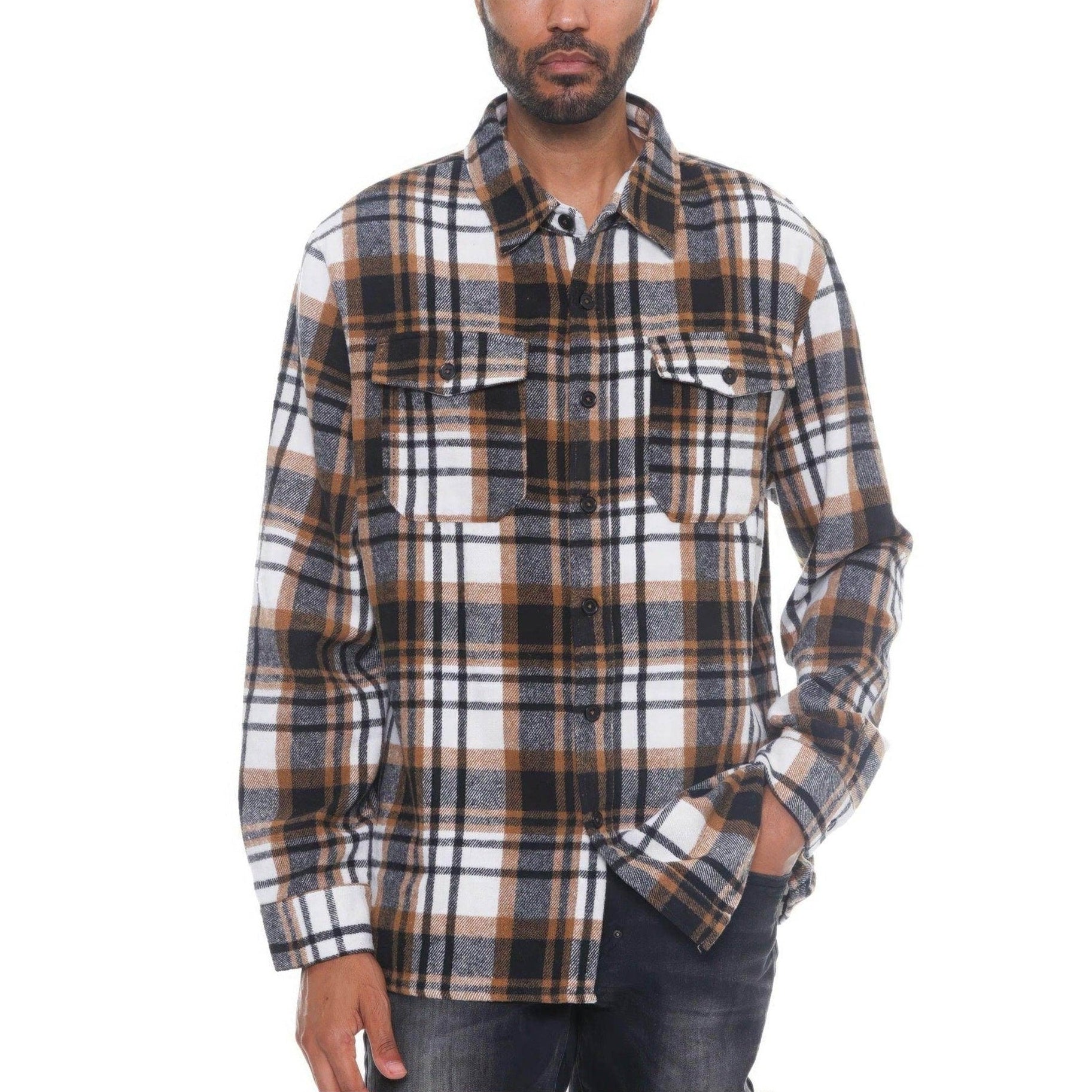VacationGrabs mens checkered flannel shacket in brown, black, and white with chest pockets