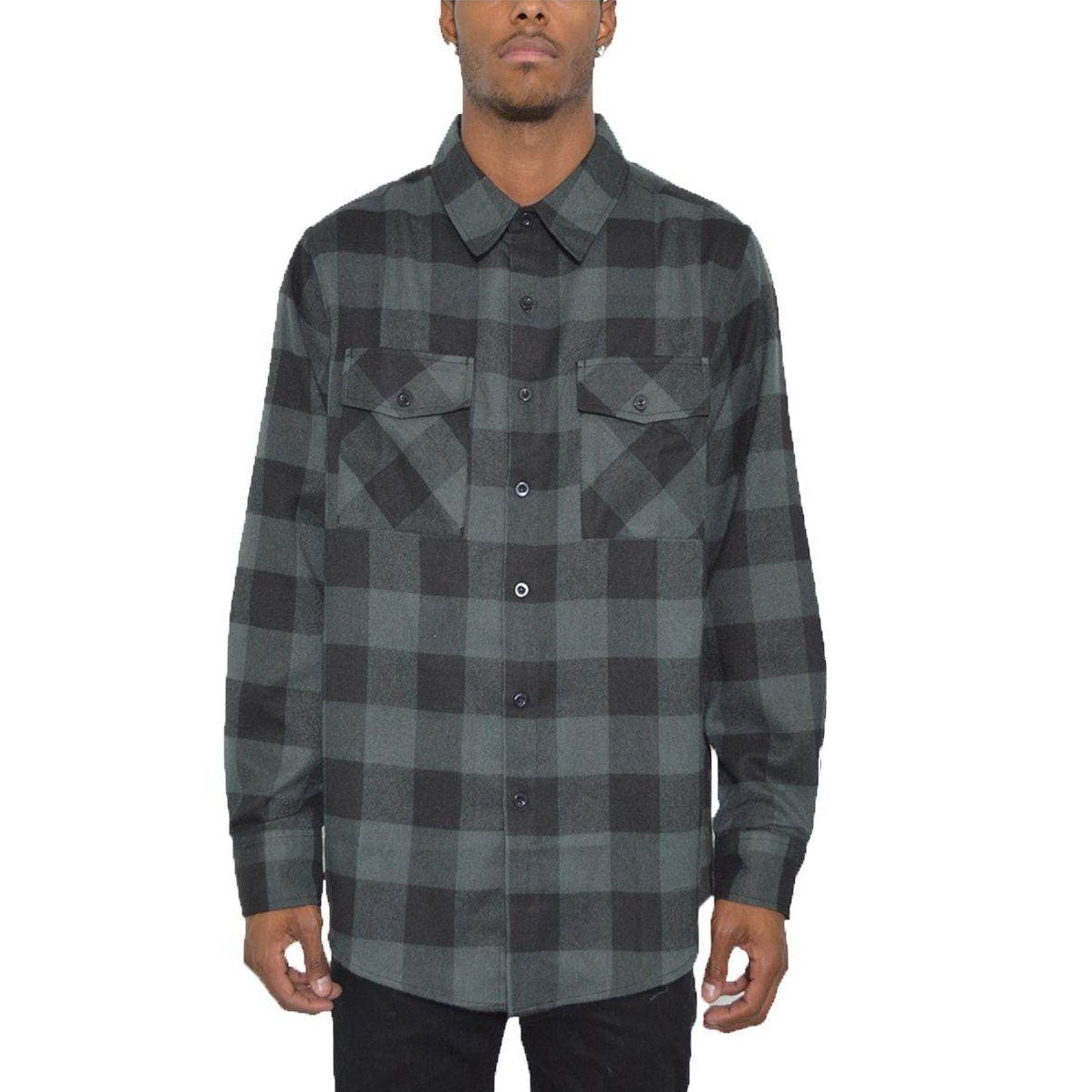 Men's checkered flannel shirt in dark green and black with button-up front and two chest pockets