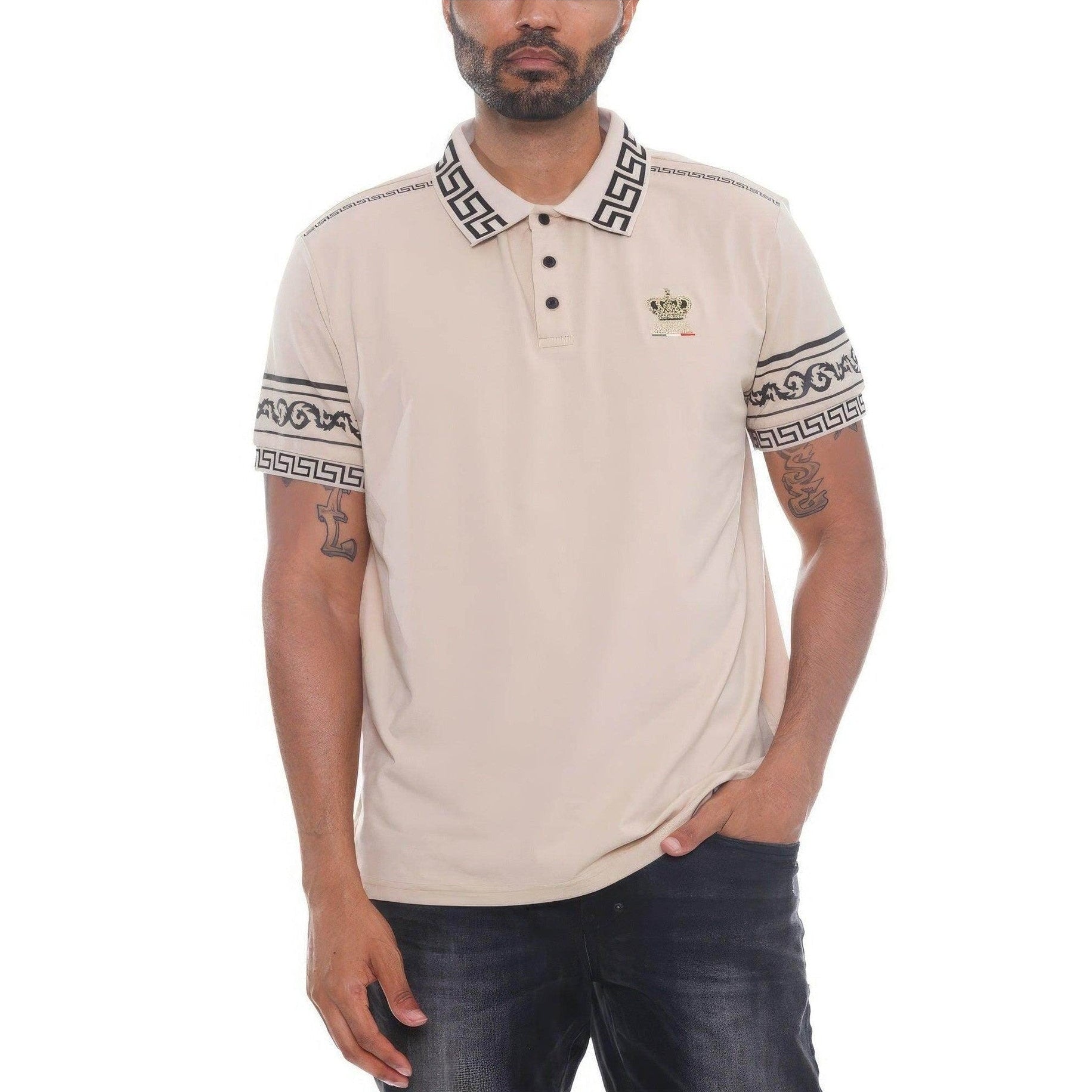 Stylish Mens Couture Polo Shirt in Beige with Unique Pattern and Crown Logo from VacationGrabs