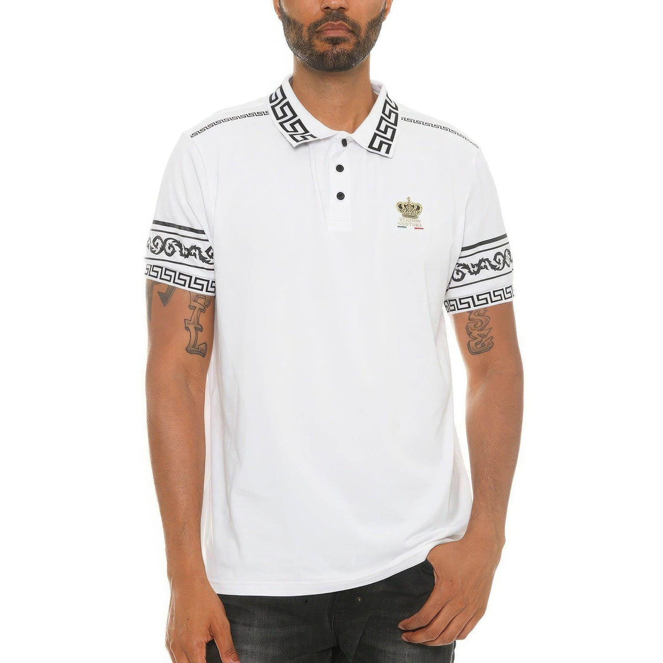 VacationGrabs mens couture polo shirt in white with black patterned sleeves and collar design