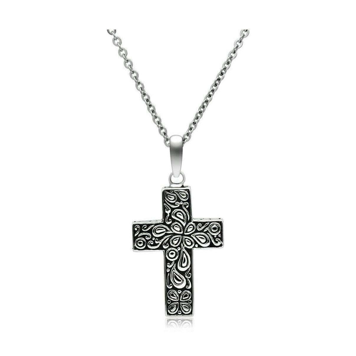 Men's cross necklace high polished with intricate design and silver chain for stylish religious wear