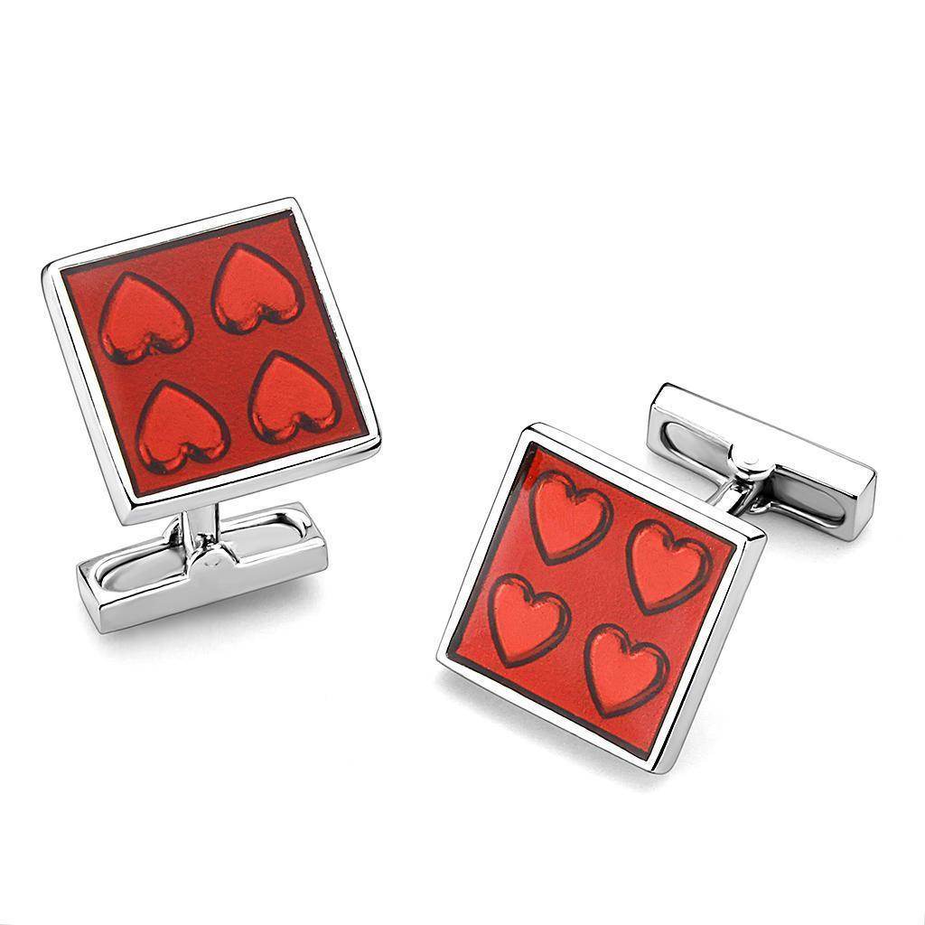 Stylish red and silver men's fashion cufflinks featuring heart designs for elegant accessories
