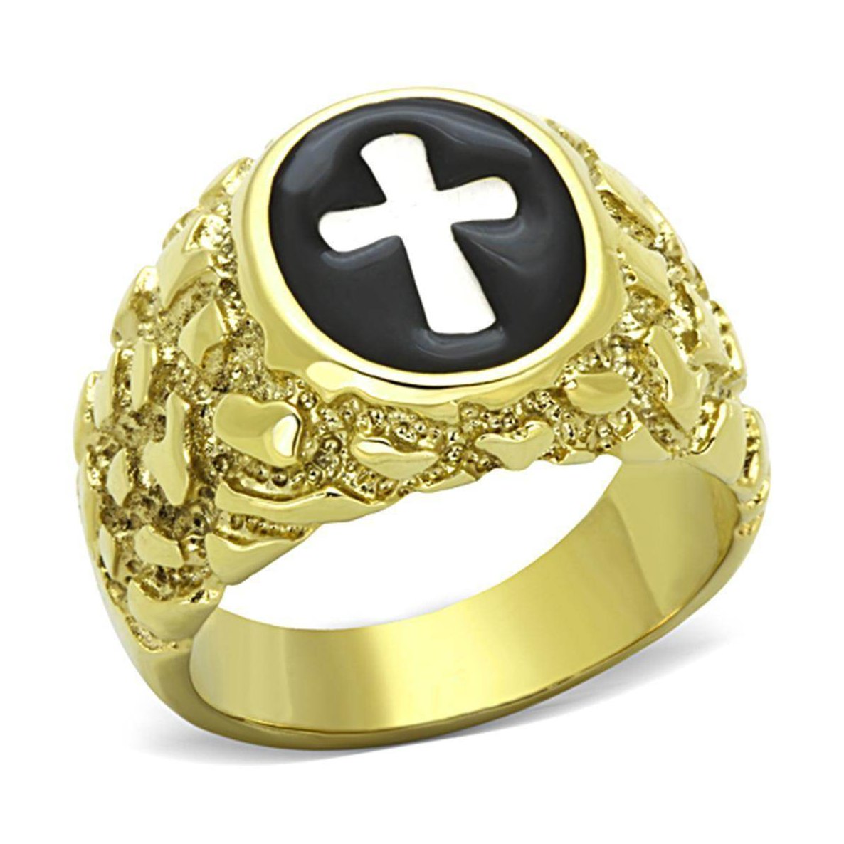 Men's gold cross jewelry ring featuring a black stone with a white cross design