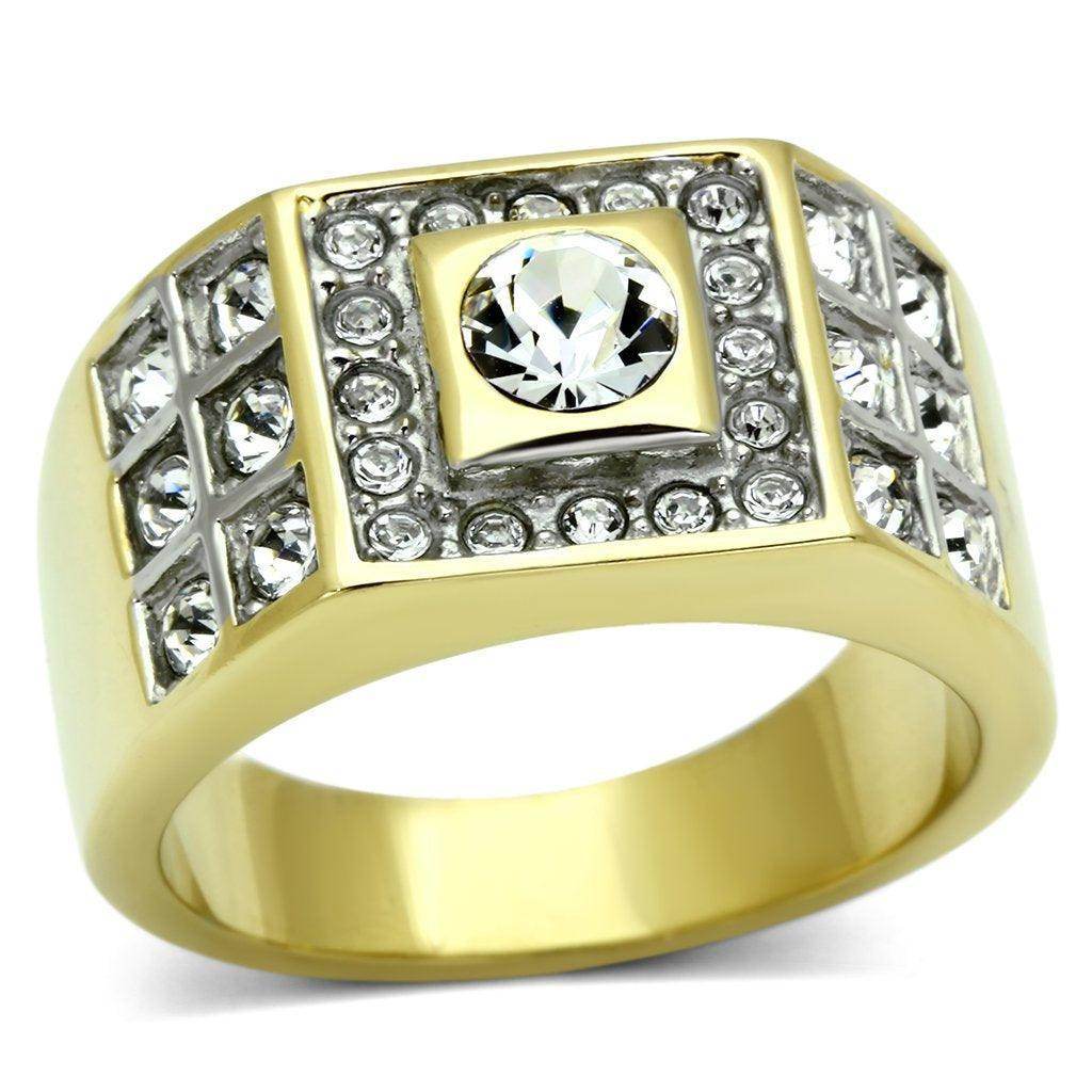 Men's gold rhinestone ring featuring a central stone and decorative accents for stylish appeal