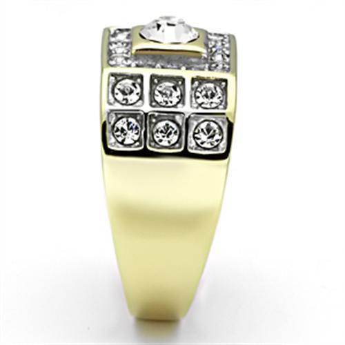 Men's gold rhinestone ring featuring a large center stone and multiple sparkling accents