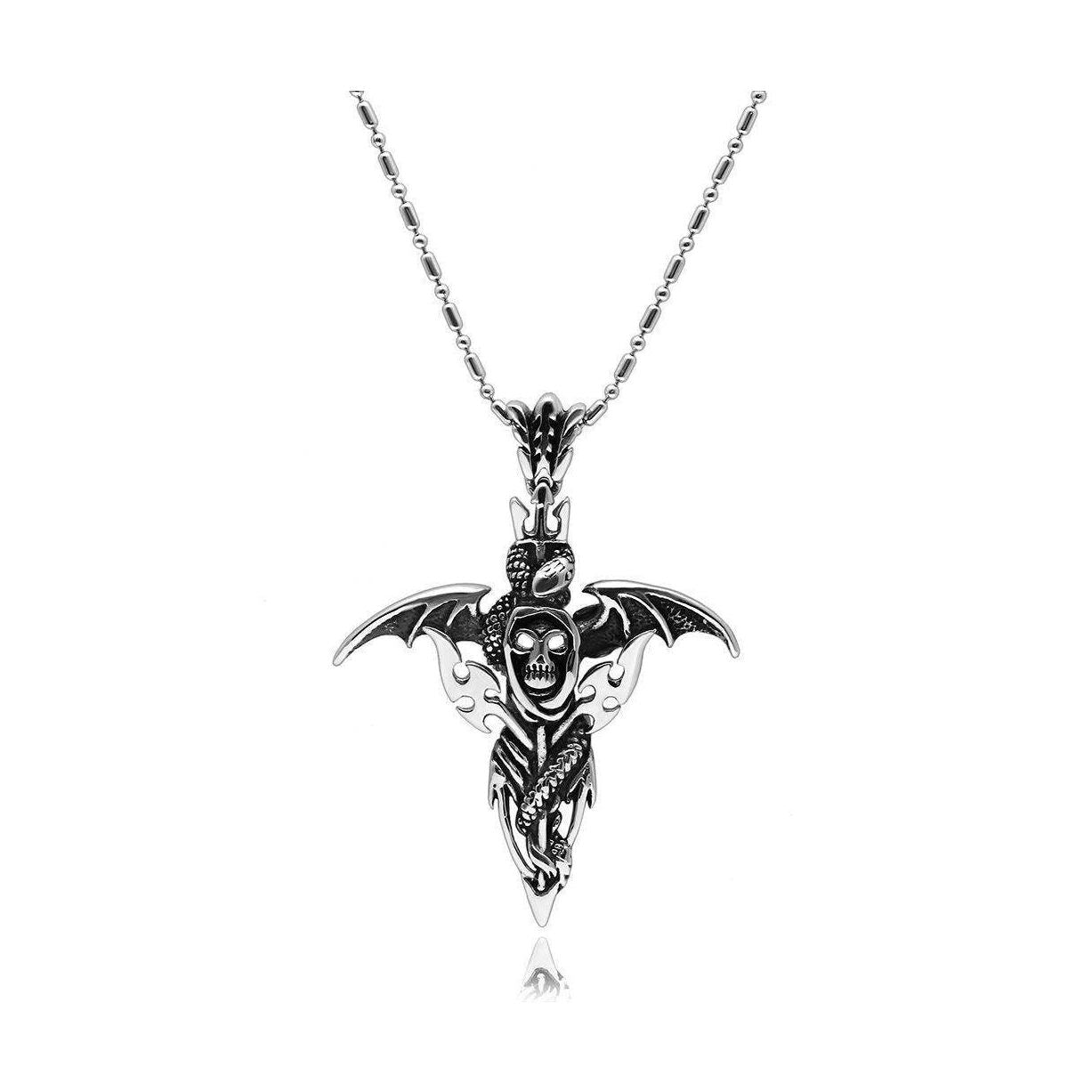 Mens gothic dragon necklace featuring a skull and intricate wing design on a silver chain
