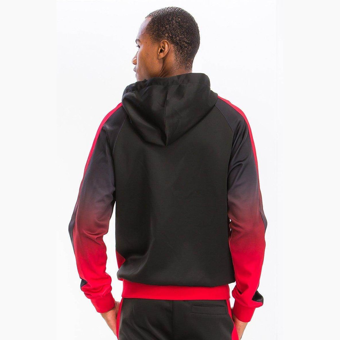 WEIV Men's Gradient Track Set featuring a stylish hoodie with a black and red color scheme