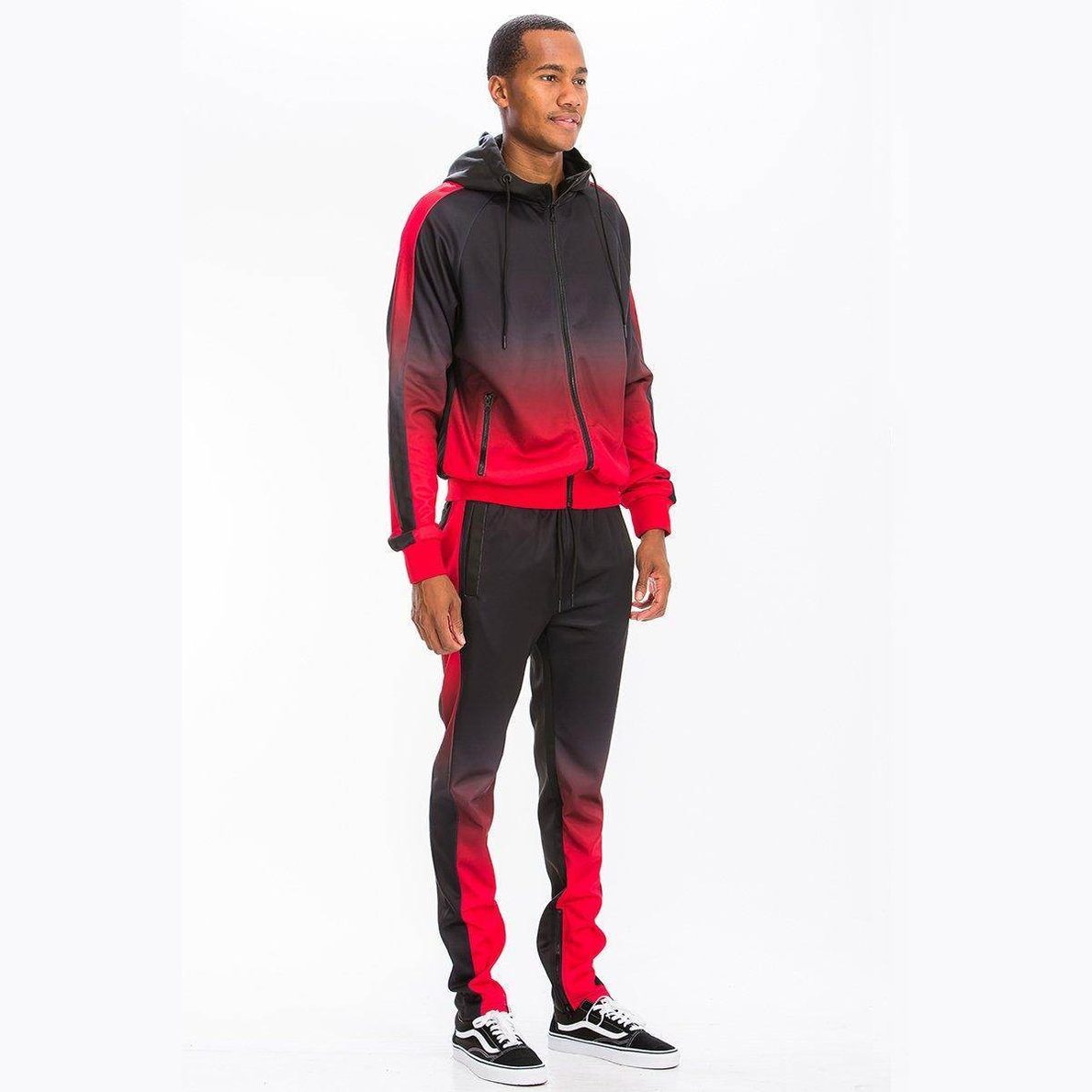 WEIV mens gradient track set featuring a stylish red and black design with joggers and a matching hoodie