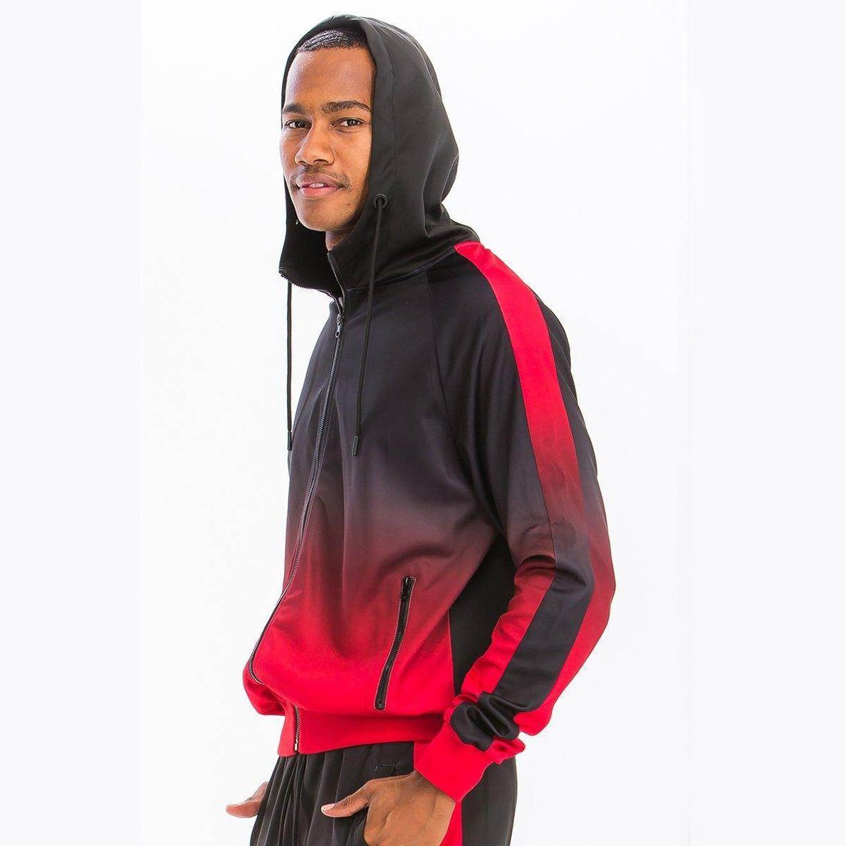 WEIV Men's Gradient Track Set featuring a stylish hoodie in black and red colors