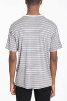 Mens gray cotton pullover shirt with horizontal stripes, perfect for casual outings