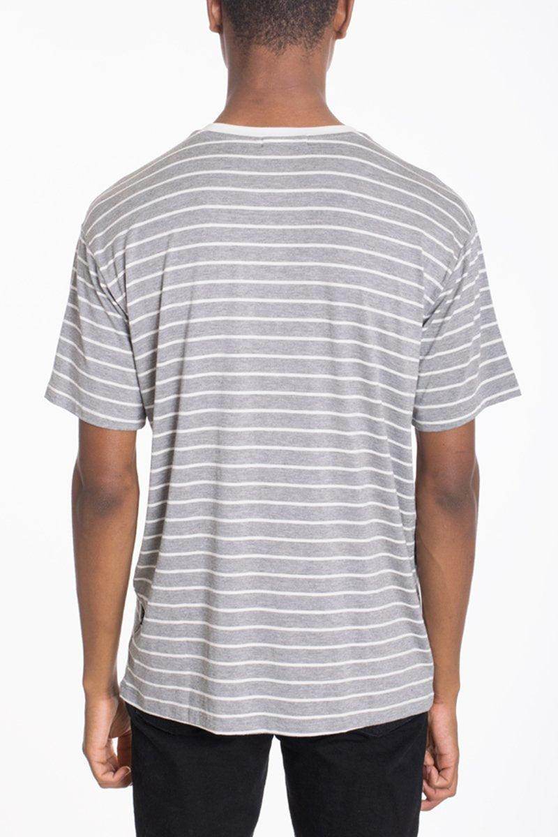 Mens gray cotton pullover shirt with horizontal stripes, perfect for casual outings