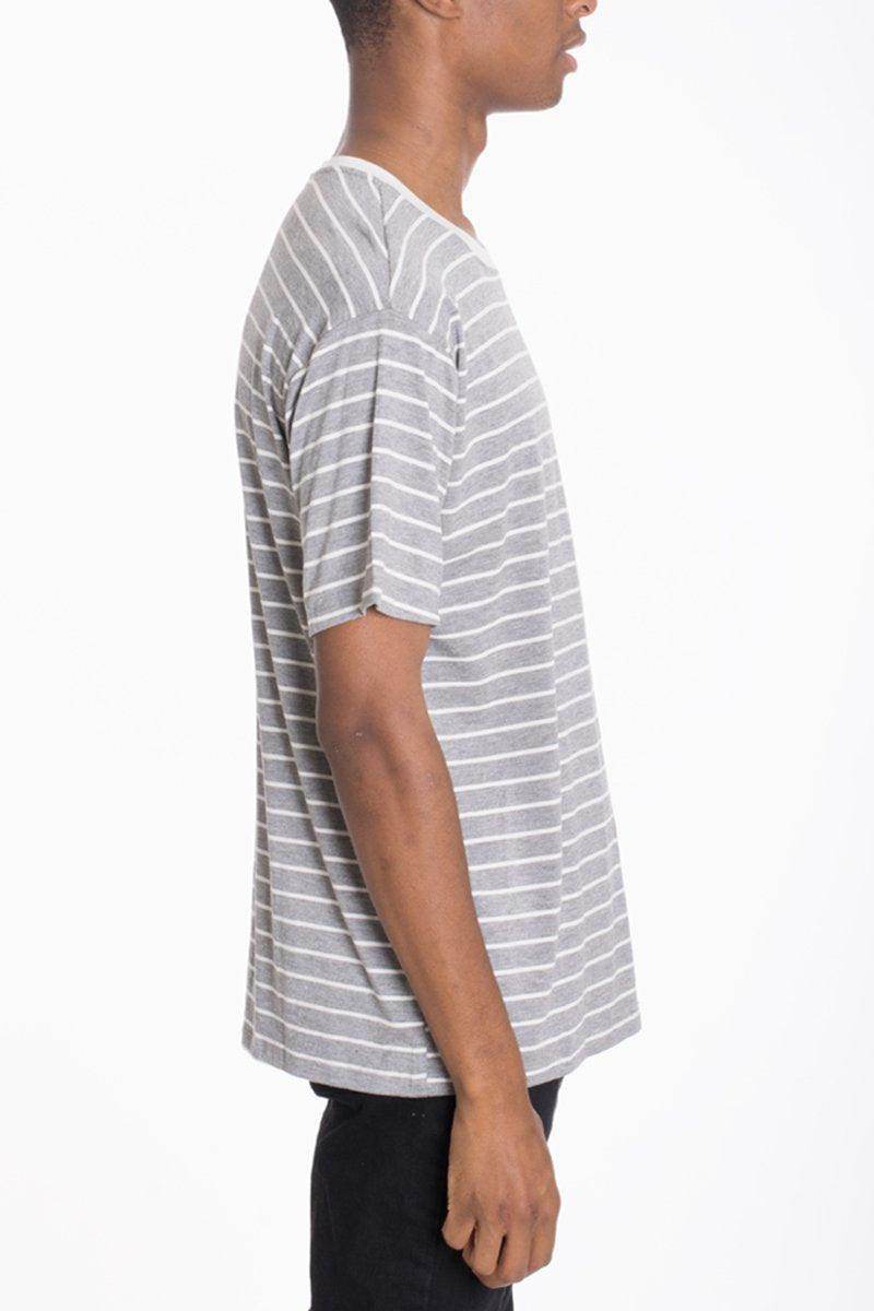 Mens gray cotton pullover shirt with stripes, ideal for casual summer outfits