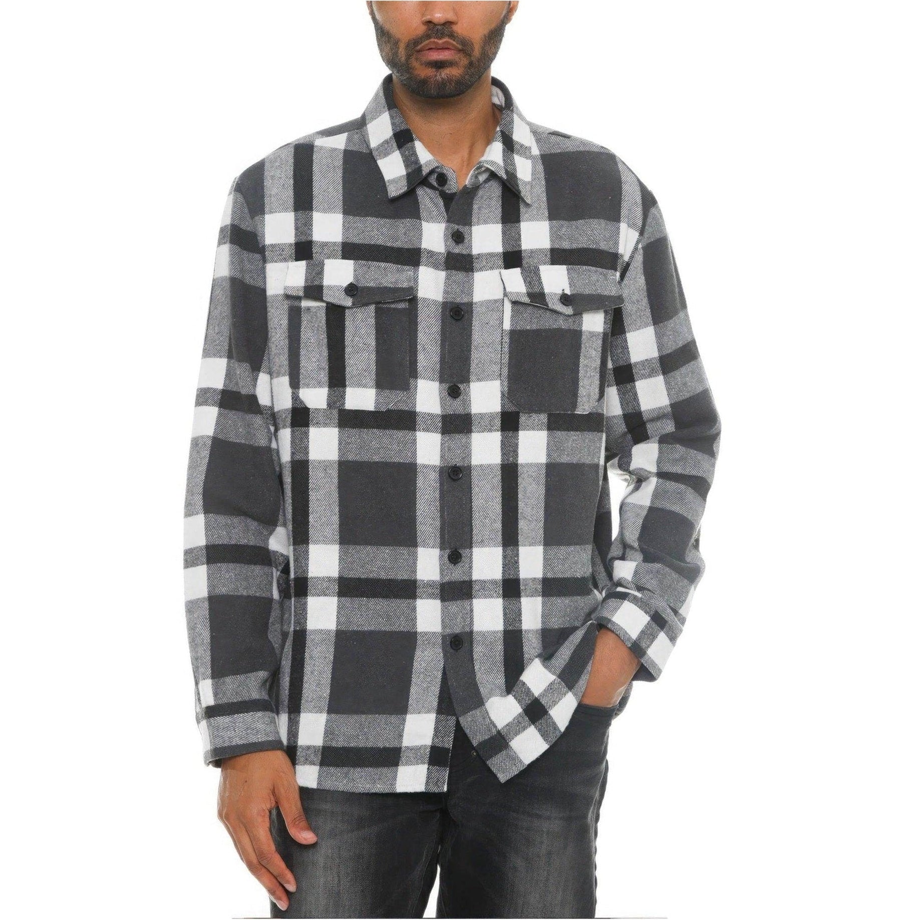 VacationGrabs mens grey checkered outerwear with button front and two chest pockets for casual style