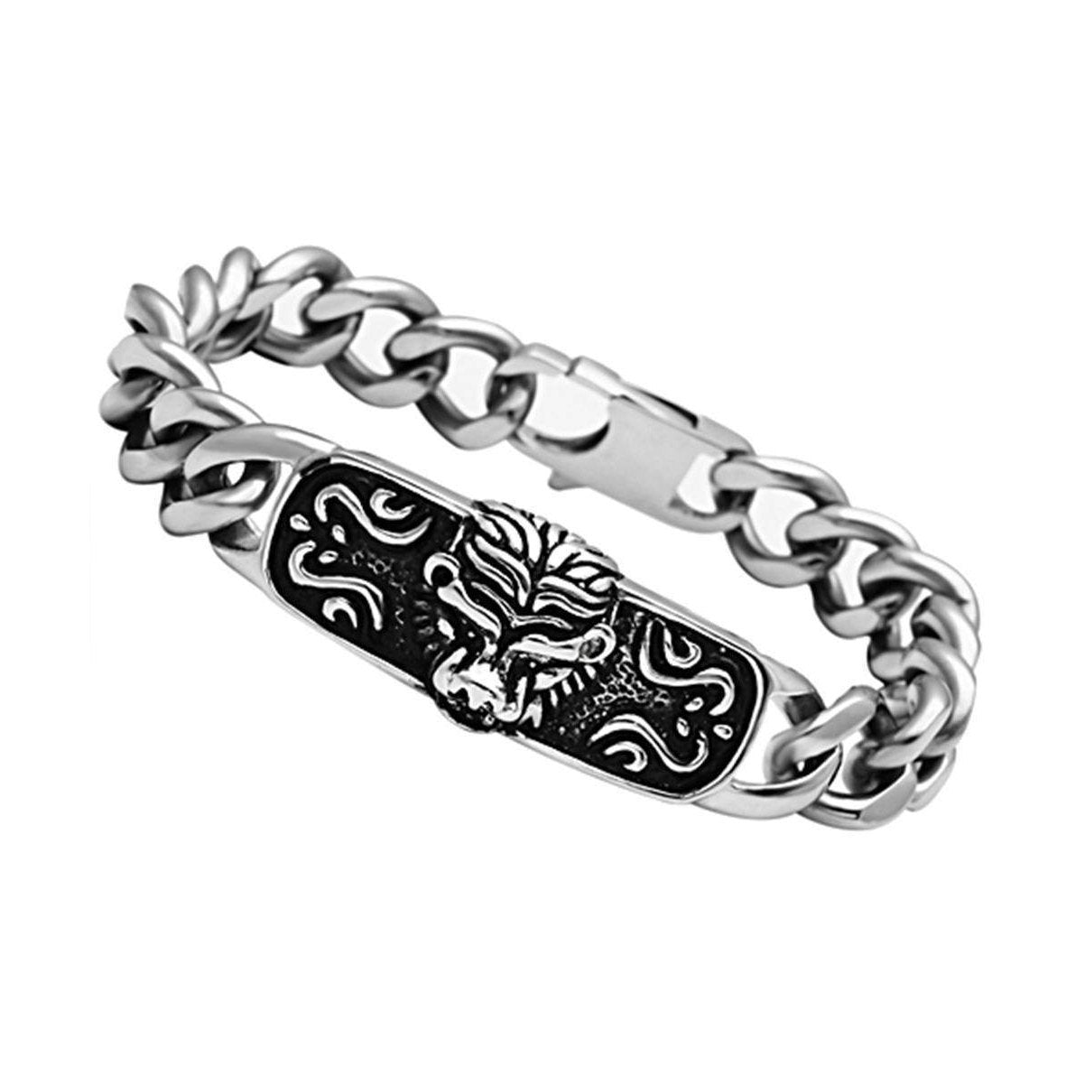 Men's high polished bracelet featuring a lion head design on a stainless steel chain