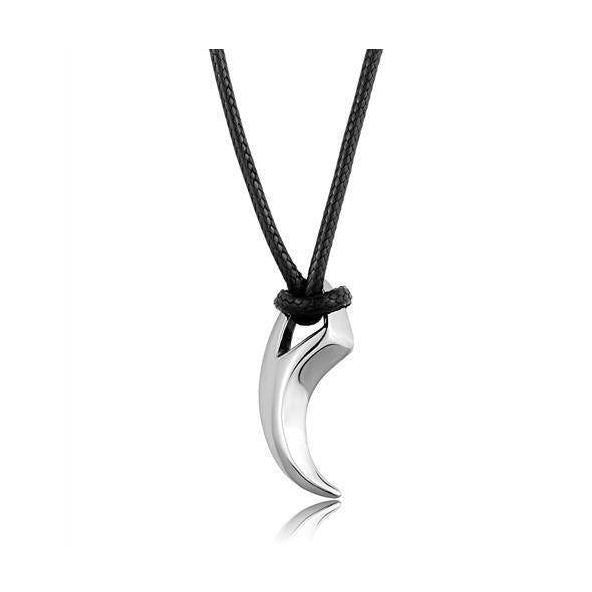 Men's high polished necklace featuring a sleek silver pendant on a black cord