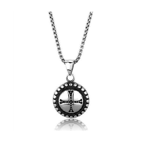 Men's high polished necklace featuring a circular pendant with cross design on a silver chain