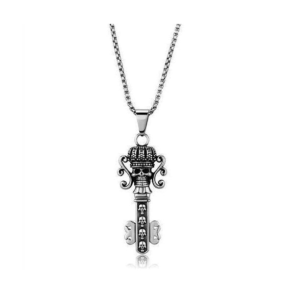 Stylish men's key pendant necklace with intricate detailing on a silver chain