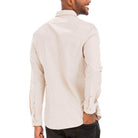 Beige men's long sleeve button down shirt with a classic fit from VacationGrabs, perfect for casual outings