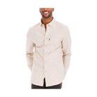 VacationGrabs mens long sleeve button down shirt in beige with a classic fit and chest pocket