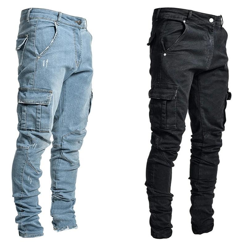 Mens Non-Ripped Stretch Cargo Jeans Denim Multi Pocket Pants