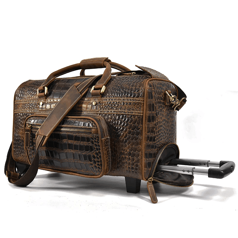 VacationGrabs mens overnight weekender bag in stylish brown crocodile pattern with wheels and adjustable strap
