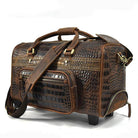 VacationGrabs mens overnight weekender bag in brown crocodile print leather with durable handles