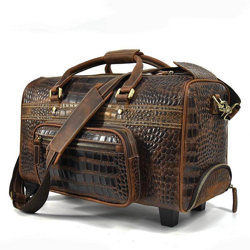 VacationGrabs mens overnight weekender bag in brown crocodile print leather with durable handles