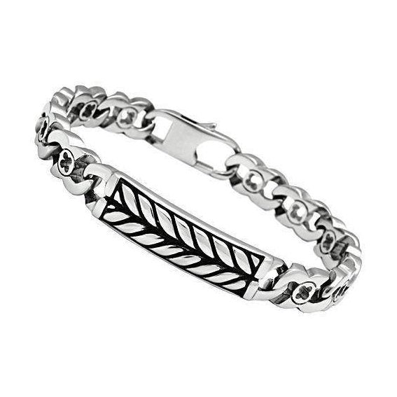 Men's polished steel bracelet featuring a leaf design with a secure clasp for style and durability