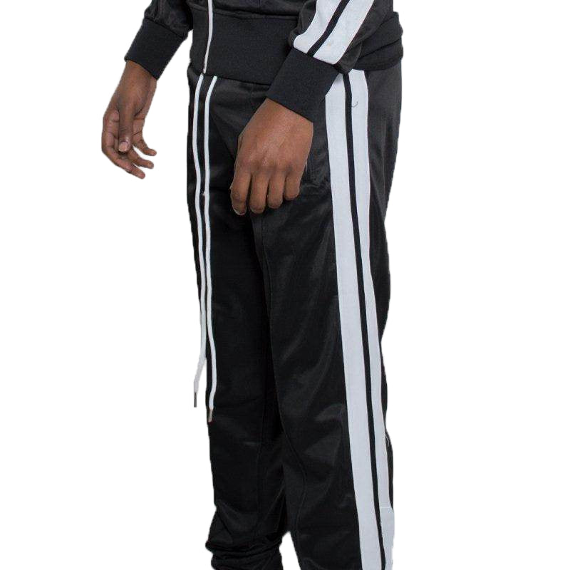Mens side stripe track pants by VacationGrabs in black with white stripes and adjustable drawstrings