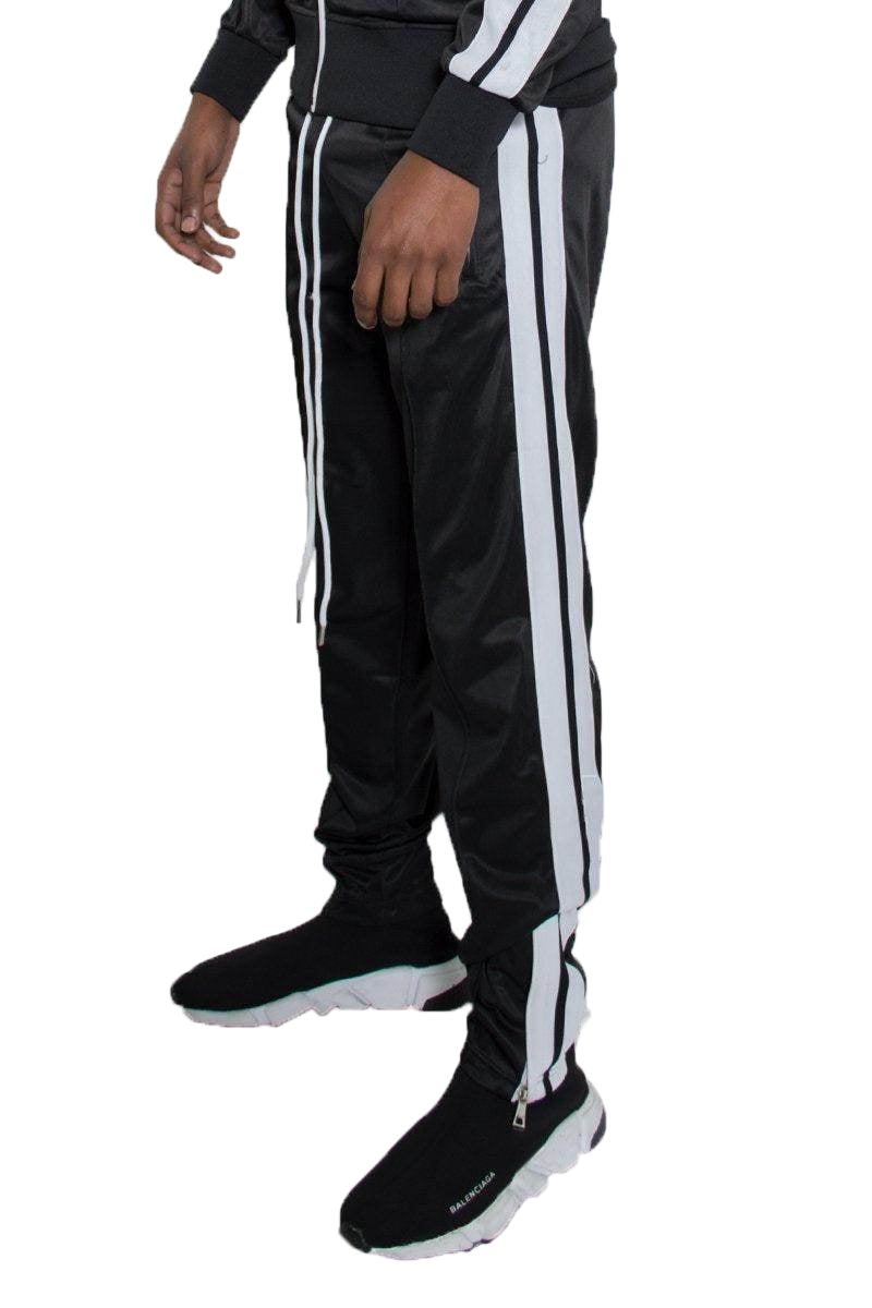 Mens side stripe track pants by VacationGrabs in black with white stripes and adjustable drawstrings