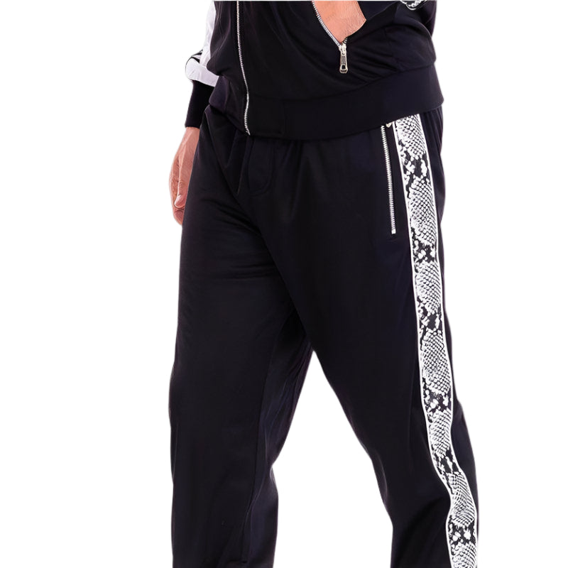 Men's snake stripe track pants from VacationGrabs in black with stylish snake print side stripes