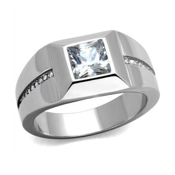 Men's stainless steel ring with a square-cut center stone and accent diamonds for a stylish look
