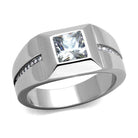 Mens stainless steel ring with a large square stone and accent gems for a stylish look
