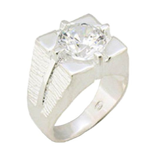 Men's sterling silver ring with a large clear stone and textured band design
