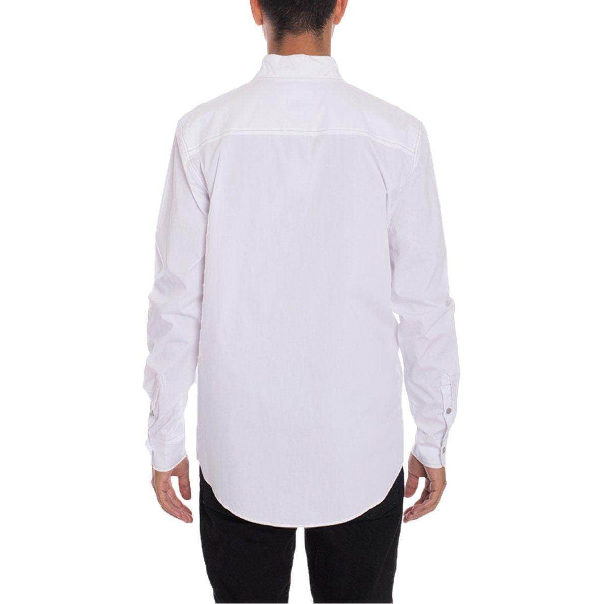 Back view of a mens white button front shirt from VacationGrabs featuring long sleeves and a curved hem