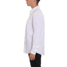 Mens white button front shirt from VacationGrabs, featuring a classic fit and side view design
