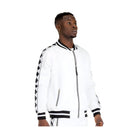 Mens white zip up jacket by VacationGrabs with stylish side detailing and a comfortable fit